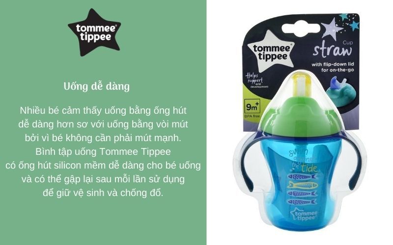 Đặc điểm Bình tập uống có ống hút cho bé Tommee Tippee Training Straw 230ml từ 9 tháng – Xanh Lá